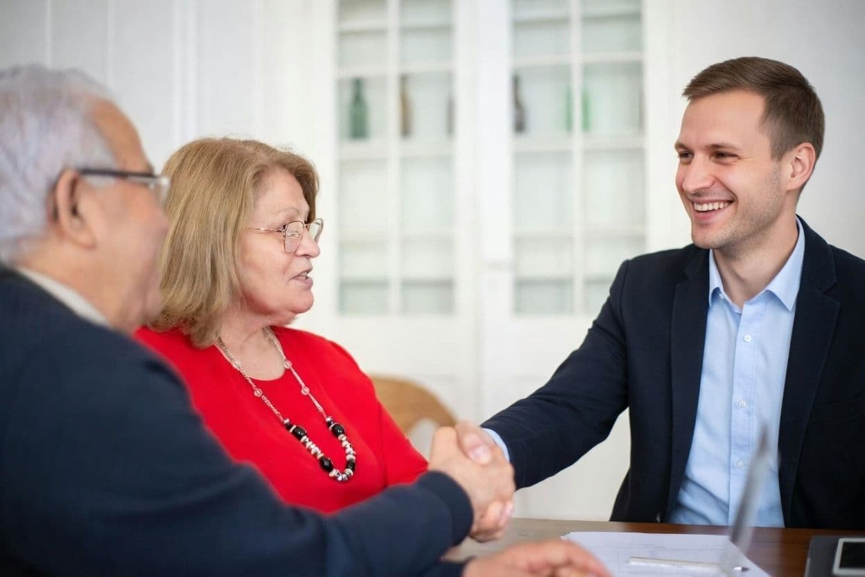 Business professionals engaged in a positive office meeting, sealing a deal with a handshake.